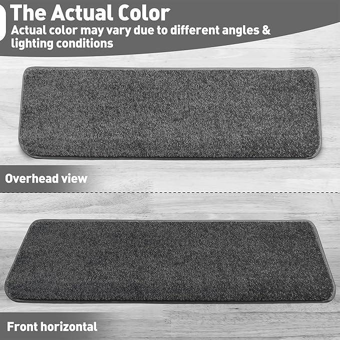 PURE ERA Bullnose Carpet Stair Treads Set Tape Free Non-Slip Indoor Stair Protectors Pet Friendly Rugs Covers Soft Skid Resistant Washable Reusable 9.5" x 30"(14 Pieces,Dark Gray)