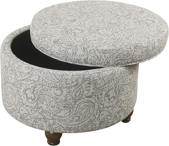 Homepop Home Decor | Upholstered Round Storage Ottoman | Ottoman with Storage for Living Room & Bedroom, Gray Floral