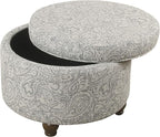 Homepop Home Decor | Upholstered Round Storage Ottoman | Ottoman with Storage for Living Room & Bedroom, Gray Floral