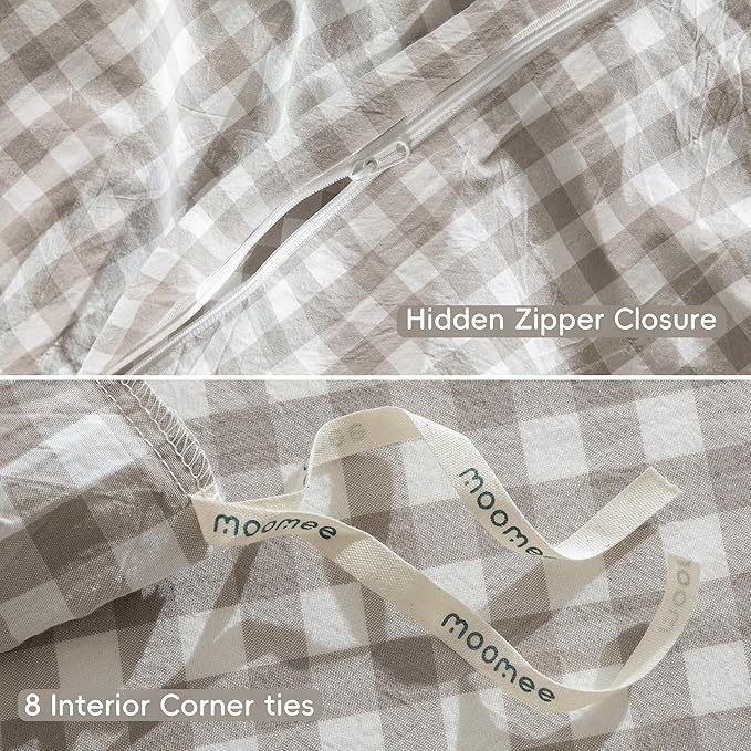 MooMee Gingham Duvet Cover Set 100% Washed Cotton Linen Like Textured Breathable Durable Soft Comfy Modern Checkered Design (Tannish Linen Grey Gingham, King 104"x90")