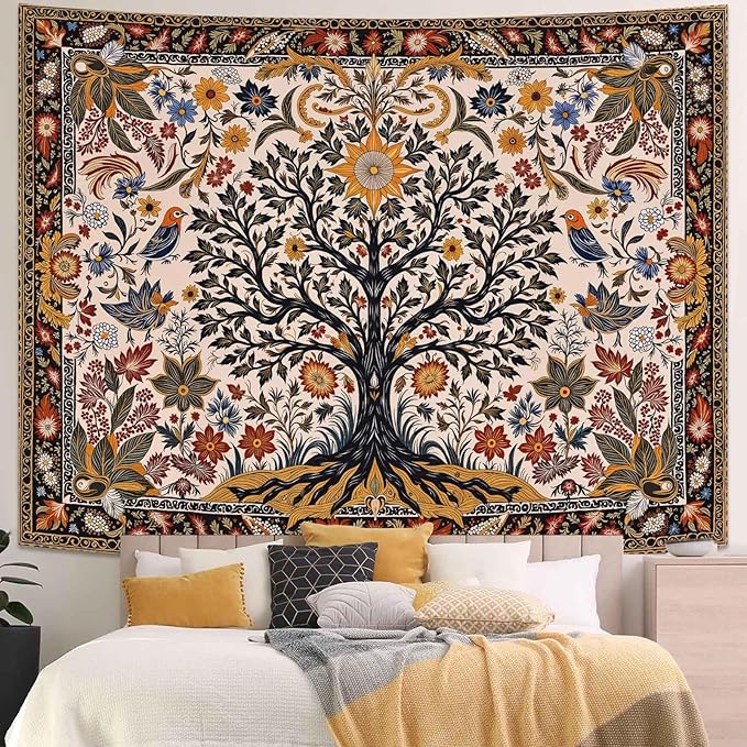 Lunerfex Folk Art Wall Tapestry - Tree of Life with Sun and Bird Wall Hanging for Bedroom and Living Room - Boho Floral Tapestries 60"x44"