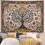 Lunerfex Folk Art Wall Tapestry - Tree of Life with Sun and Bird Wall Hanging for Bedroom and Living Room - Boho Floral Tapestries 60"x44"