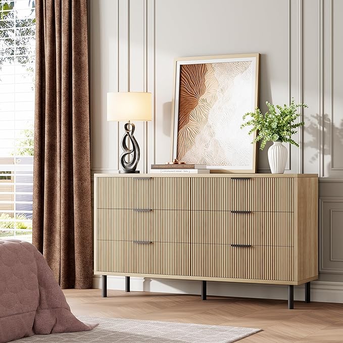 GarveeHome Oak Fluted 6 Drawer Dresser, Wide Wood Double Dresser with Metal Legs and Handles, Modern Chest of Drawers with Anti-Tipping Design for Bedroom Living Room, Hallway