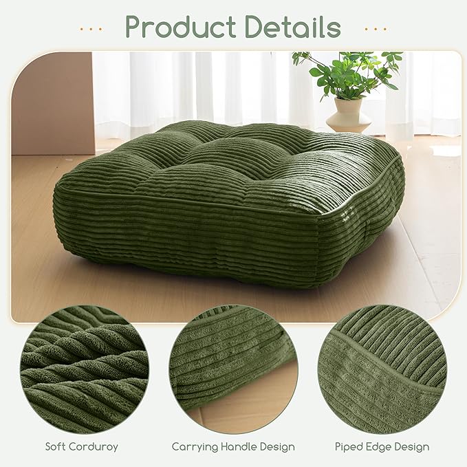 6" Washable Floor Pillow Cushion for Adults, Meditation Cushion Pillow, Large Square Floor Sitting, Removable Tufted Corduroy Cover, for Tatami Living Room or Yoga, 22x22 Inch, Machine Washable