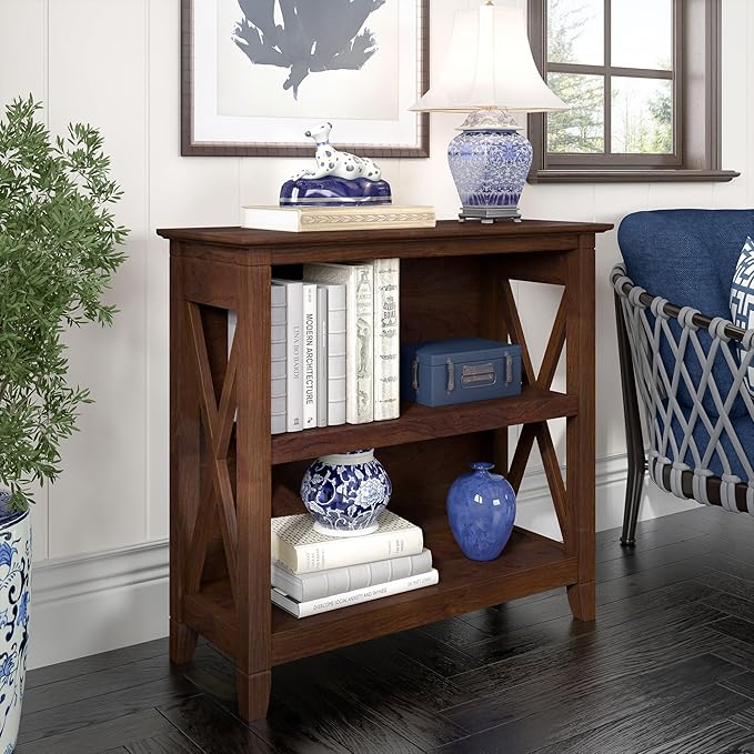 Bush Home Key West Small 2 Shelf Bookcase in Bing Cherry, Compact Home Organizer, Vertical Storage Solution, Bookshelf for Office or Living Room