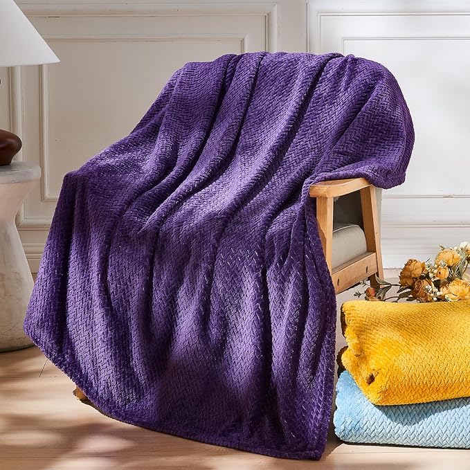 NEWCOSPLAY Super Soft King Blanket Dark Purple Premium Silky Flannel Fleece Leaves Pattern Lightweight Bed Blanket All Season Use (Dark Purple, King(90"x110"))