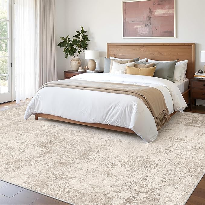 Art&Tuft Washable Rugs 9x12, Abstract Area Rugs 9x12 Living Room - Non Slip and Low Pile Soft Thin Rug for Bedroom, Dining Room, Kitchen, Office, Beige