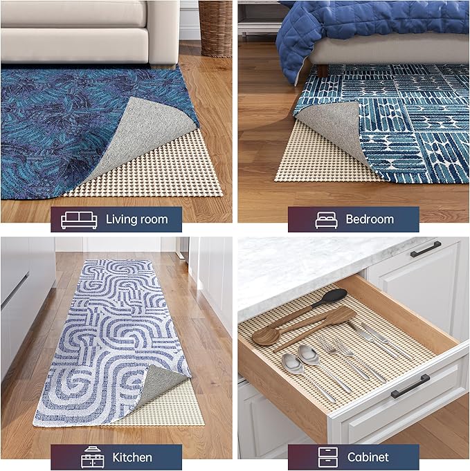 Non-Slip Rug Pad Gripper 9x13 Feet, Anti Skid Mat for Under Area Rugs, Keeps Rugs in Position and Safe, Thick Cushioned Carpet Pad for Hardwood Floors Protection