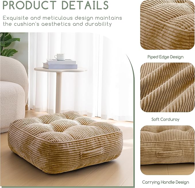 8" Washable Floor Pillow Cushion for Adults, Meditation Cushion Pillow, Large Square Floor Sitting, Removable Tufted Corduroy Cover, for Tatami Living Room or Yoga, 22x22 Inch, Machine Washable
