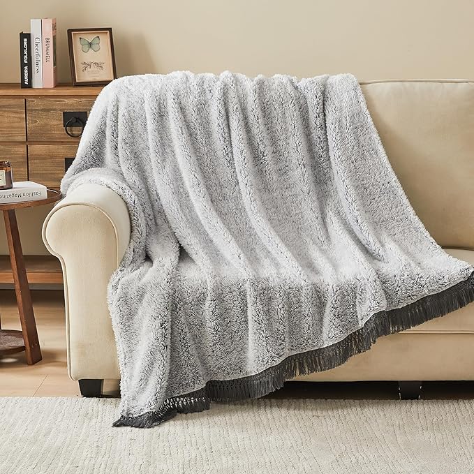 EMME Soft Sherpa Fleece Blanket with Tassel, Reversible Plush Fluffy Large Blanket, Light Weight Warm Decorative Boho Blanket Cover for Sofa, Couch, Bedroom,Travel(Tassel Grey,60"x80")