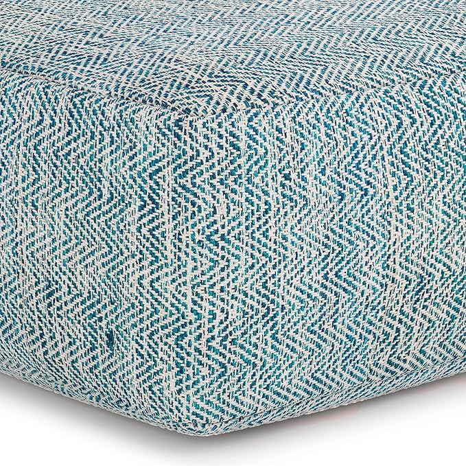 SIMPLIHOME Nate Square Pouf - 20 inch Wide Upholstered Handwoven Cotton Ottoman in Patterned Teal Melange, Boho Footstool or Extra Seating for Living Room with Artisanal Texture, Assembled