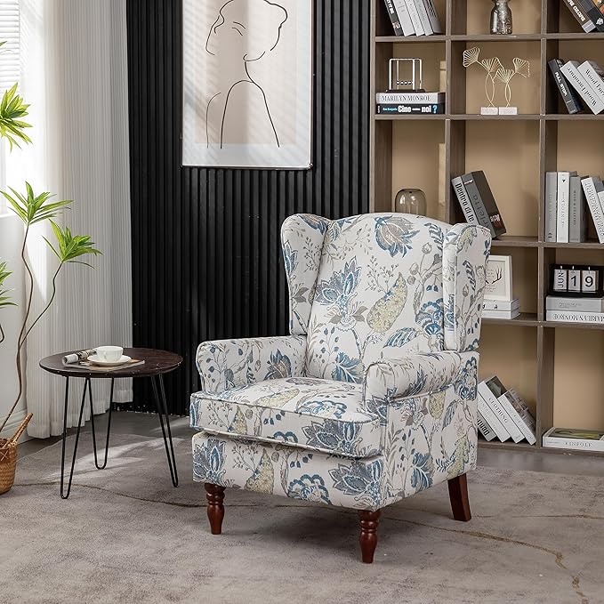 KEIKI Floral Accent Chair for Living Room – Timeless Botanical Style with Carved Wooden Legs, Decorative Upholstered Armchair for Refined Seating