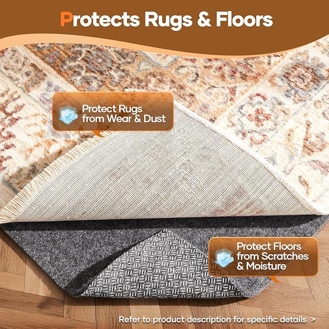 Veken Non Slip Cushioned Rug Pad Gripper 8 x 10 Ft, Felt and Silicone Backing, 3/8 inch Thick Carpet Liner for Hardwood Floors and Finishes, Under Area Rugs Anti Skid Mat, Keep Rugs Safe and in Place