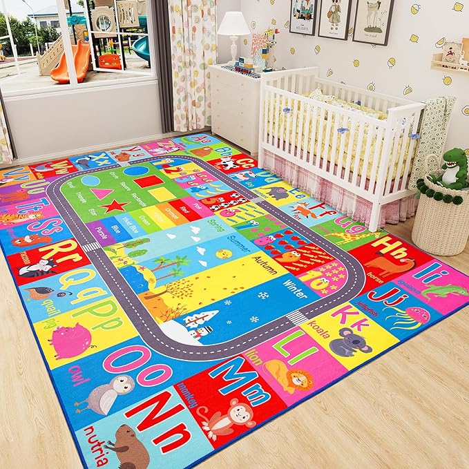 HOMORE Kids Rug, 7x10 ABC Rugs for Playroom Educational Rug for Childerns, Kids Collection Area Rugs for Learning Alphabet, Numbers, Colors, Season and Animal Words, Large Carpet for School Classroom