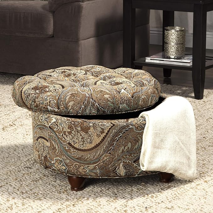 Homepop Home Decor |N8264-F1044 | Large Button Tufted Woven Round Storage Ottoman | Ottoman with Storage for Living Room & Bedroom, Traditional Paisley