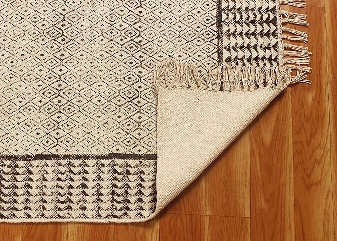 Kilim Rug 4x6 Area Rug Gray & Beige Cotton Dhurrie Geometric Thick 0.19 inches Stone Easy Washable Rug Hand Wash Cotton Carpet Flatweave Rug Indoor Outdoor Rugs for Kitchen, Bedside, Enterway