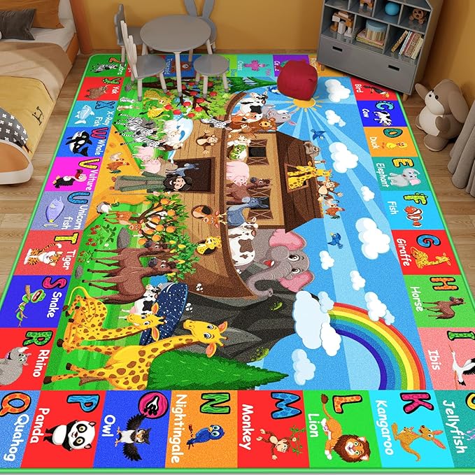 ABC Kids Rug for Playroom 110×78.7 in Noah's Ark Animals Rug Baby Play Mat Alphabet Playmat Shape Color Classroom Carpet Kids Playroom Early Learning Carpet for Preschool Toddlers Tummy