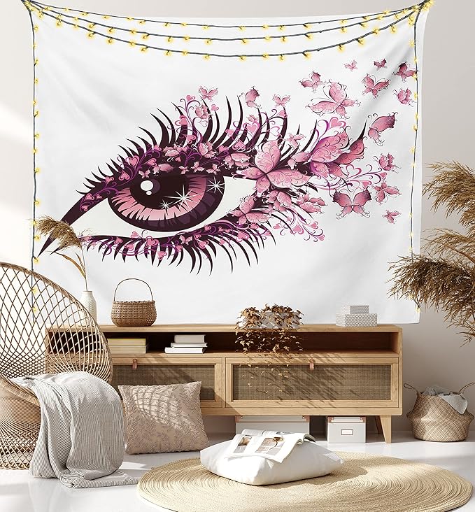 Ambesonne Butterflies Tapestry, Female Eye Eyelashes Mascara Stare Party Makeup Animal Print, Fabric Wall Hanging Decor for Bedroom Living Room Dorm, 28" X 23", Pale Pink Purple