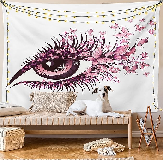 Ambesonne Butterflies Tapestry King Size, Female Eye Eyelashes Mascara Stare Party Makeup Animal Print, Wall Hanging Bedspread Bed Cover Wall Decor, 104" X 88", Pale Pink Purple