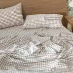 MooMee Gingham Duvet Cover Set 100% Washed Cotton Linen Like Textured Breathable Durable Soft Comfy Modern Checkered Design (Tannish Linen Grey Gingham, King 104"x90")