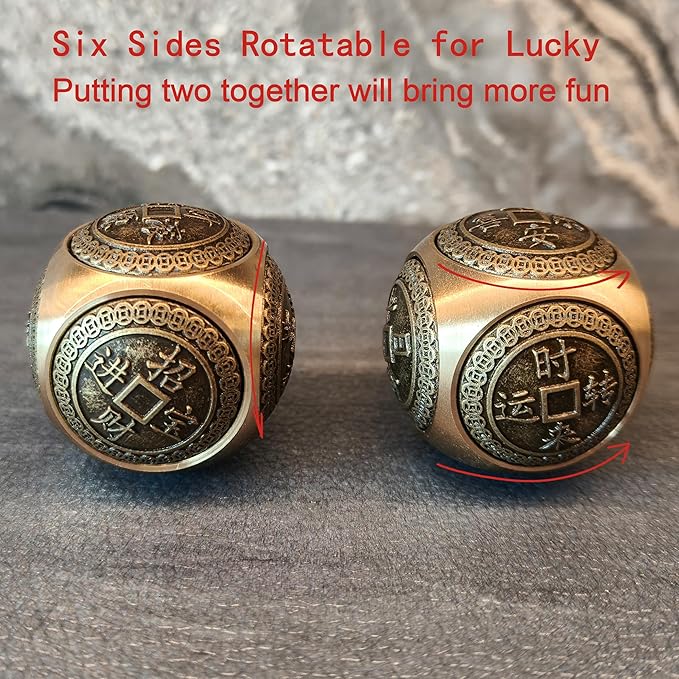 Brass Lucky Ball 6 Sides Rotatable Feng Shui Ornament Wealth Statue Treasure Ball Fengshui Sculpture Chinese Traditional Home Decor (F2 Lucky Ball x 2)