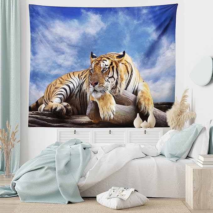 Ambesonne Savannah Tapestry Twin Size, Tiger Sitting on Wood Clear Blue Sky Wildlife Morning Stripes Predator, Wall Hanging Bedspread Bed Cover Wall Decor, 68" X 88", Blue Mustard Black