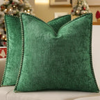decorUhome Spring Chenille Soft Cozy Throw Pillow Covers 22x22 Set of 2, Modern Farmhouse Boho Velvet Decorative Euro Sham Pillow Cases with Stitched Edge for Couch Sofa Bed Home Decor, Green