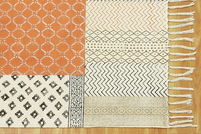 Kilim Runner 2.6x10 Cotton Runner Rug Orange & Beige Flatweave Runner 0.19 inches Stone Easy Washable Hand Wash Cotton Carpet Indoor Outdoor Runner Rugs for Hallway, Staircases, Corridor Runner