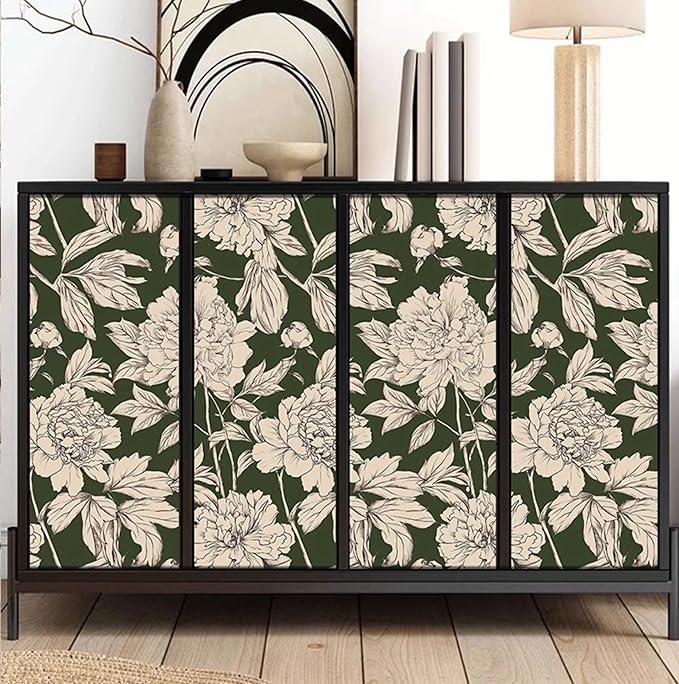 Peel and Stick Wallpaper Contact Paper for Cabinets Drawers Green Beige Floral Flower Vintage Design 17.5x236.2in Self Adhesive Wall Removable Desk Bedroom Moody Renter Friendly Modern