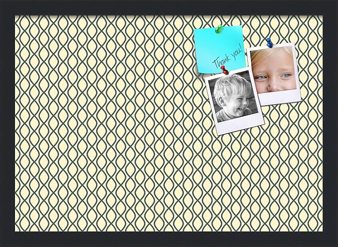 PinPix 20x14 Inch Cork Bulletin Board. This Decorative Framed Pin Board Comes with Yellow and Blue Waves Design and a Satin Black Frame. Ideal for Home Office Decor or Message Board (PinPix-321)