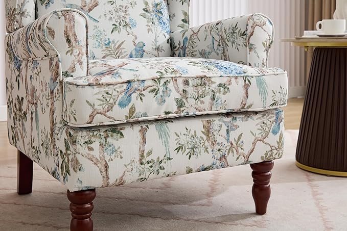 KEIKI Floral Accent Chair for Living Room – Artistic Heritage Look with Natural Wood Base, Statement Upholstered Armchair for Everyday Relaxation