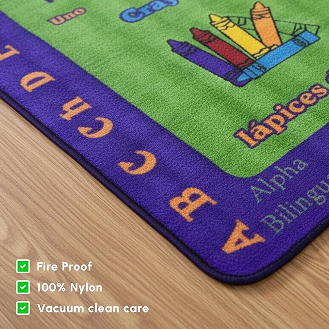 SAFECASTLE Alphabet Spanish Kids Educational Area Rug – 6'6" x 8'4" – Bilingual English & Spanish Learning Carpet with ABC Letters, Numbers & Classroom Objects – Classroom, Daycare & Preschool Rug