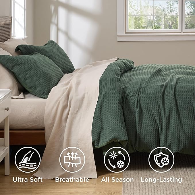 Bedsure Luxury Waffle Duvet Cover King Size - Textured Duvet Cover Set, Soft, Breathable Bedding Set (104"x90") with 2 Pillow Shams for All Season, Forest Green, Comforter Not Included