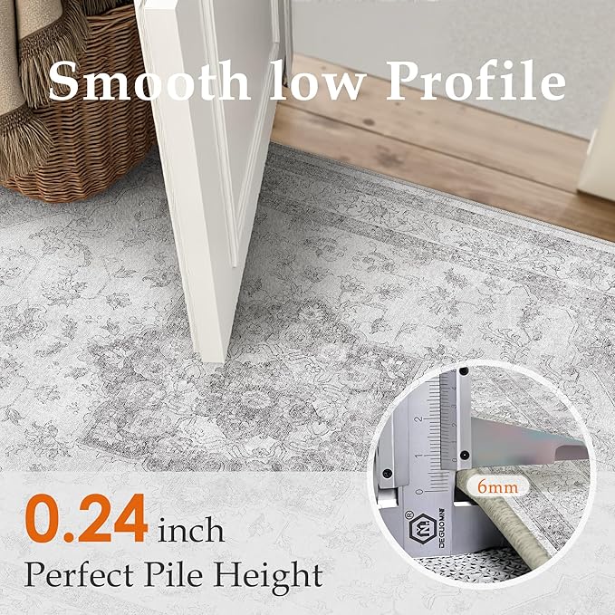 Grey Gray Area Rug 3x5 Washable Vintage Carpet for Entryway Office Soft Retro Kitchen Low Pile Thin Door Mat Non Slip Oriental Medallion Throw Rug for Bathroom Bedroom Dining Living Room