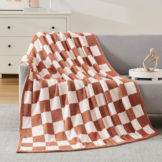 WRENSONGE Checkered Throw Blanket, Autumn Leaf Orange Soft Cozy Fluffy Warm Hand Made Throw Blankets for Couch, Sofa, Chair, Bed, Camping, Picnic, Travel Lightweight Bed Blanket - 50"*60"