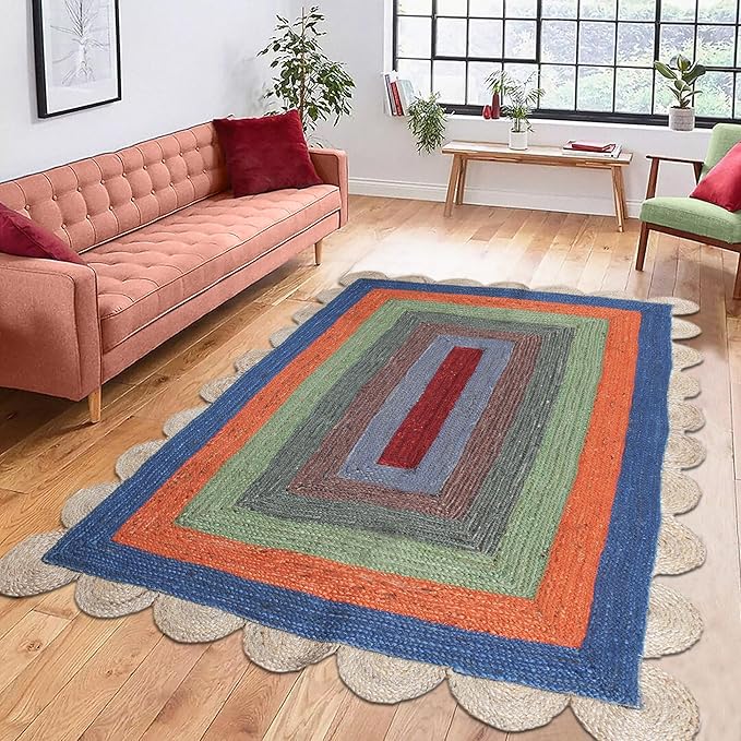 Scalloped Edge Rug, Hand Woven Natural Jute Area Rug, 12x12 Ft Square Beige & Multicolor Braided Kilim Rugs for Living Room, Kitchen, Entryway, Farmhouse