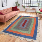 Scalloped Edge Rug, Hand Woven Natural Jute Area Rug, 4x6 Ft Beige & Multicolor Braided Sisal Kilim Rugs for Living Room, Kitchen, Entryway, Farmhouse