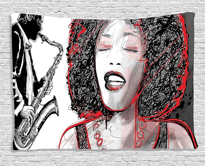 Ambesonne African Tapestry, Afro Lady Singing a Jazz Song with Saxophone Player Silhouette Vintage Design, Wide Wall Hanging for Bedroom Living Room Dorm, 60" X 40", Black Pale Grey