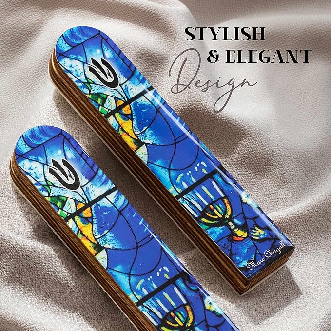 SURI Wooden Mezuzah with Printed Scroll for Door – 5 Inch Chagall Inspired Blue Jewish Door mezuzah Cover, Self-Stick Adhesive, Fits a 4 Inch Scroll, Gift Box Included