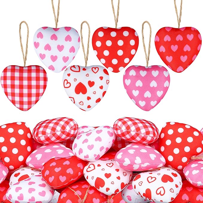 30 Pieces Fabric Heart Hanging Ornaments Valentines Heart Shaped Ornaments Red Pink Hearts Fabric Hanging Decorations for Valentine's Day Tree Wedding Party DIY Crafts