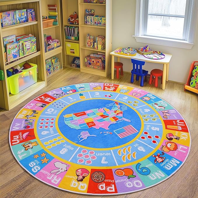 Kids Rugs for Playroom - Soft & Non-Slip 6x6 Feet Round Educational Rug for Learning ABC Alphabet, Numbers, Shapes & Map, Washable Classroom Rug for Toddler Nursery & Kids Room Decor