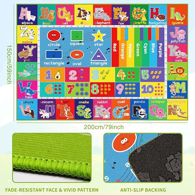 ABC Kids Rug for Playroom, Educational Play Mat for Kids, Preschool Rugs with ABC, Numbers, Animals Learning Rugs Carpet for Bedroom Playroom Classroom Baby Toddler Children (Blue, 78.7X59 INCH)