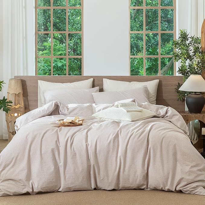 MooMee Striped Duvet Cover Set 100% Washed Cotton Linen Like Textured Breathable Durable Soft Comfy (Orange Pinstripes, Oversized Queen 98"x98")