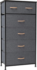 Crestlive Products Vertical Dresser Storage Tower - Sturdy Steel Frame, Wood Top, Easy Pull Fabric Bins, Wood Handles - Organizer Unit for Bedroom, Hallway, Entryway, Closets - 6 Drawers (Gray)