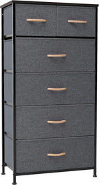 Crestlive Products Vertical Dresser Storage Tower - Sturdy Steel Frame, Wood Top, Easy Pull Fabric Bins, Wood Handles - Organizer Unit for Bedroom, Hallway, Entryway, Closets - 6 Drawers (Gray)