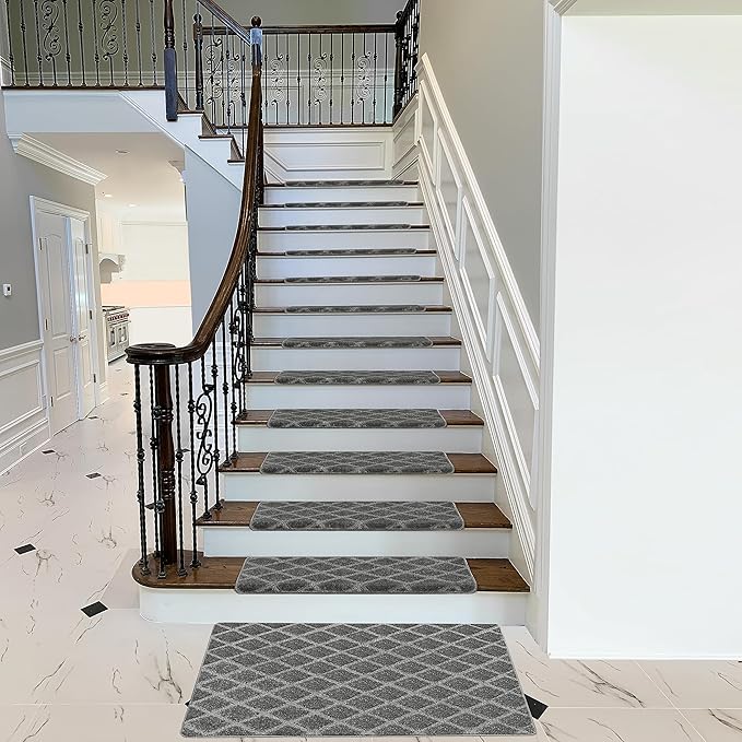 PURE ERA Bullnose Carpet Stair Treads Set Tape Free Non-Slip Indoor Stair Protectors Pet Friendly Rugs 9.5" x 30"(14 Pieces,Grey Diamond Trellis)