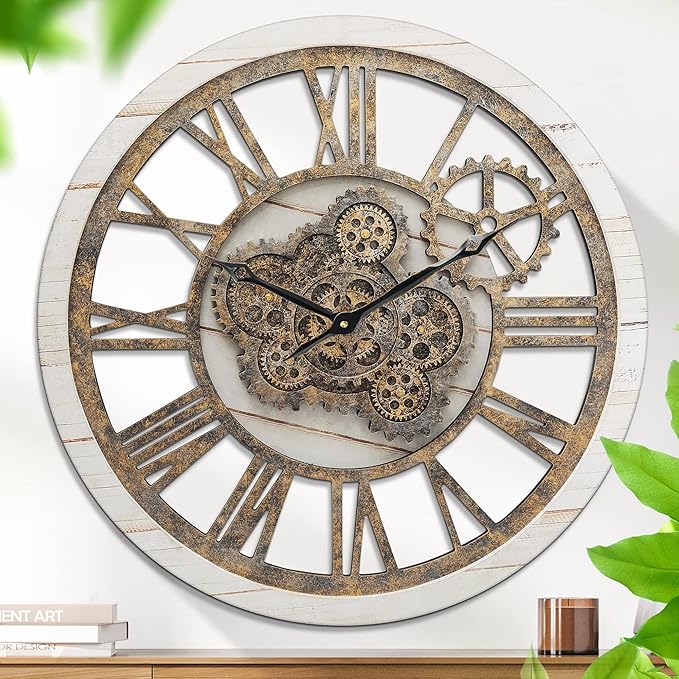 Wall Clock, 24 Inch Moving Gears Clock Large Wall Clock for Living Room Decor Rustic Vintage Industrial Steampunk Farmhouse Big Clock for Home Kitchen Bedroom Office