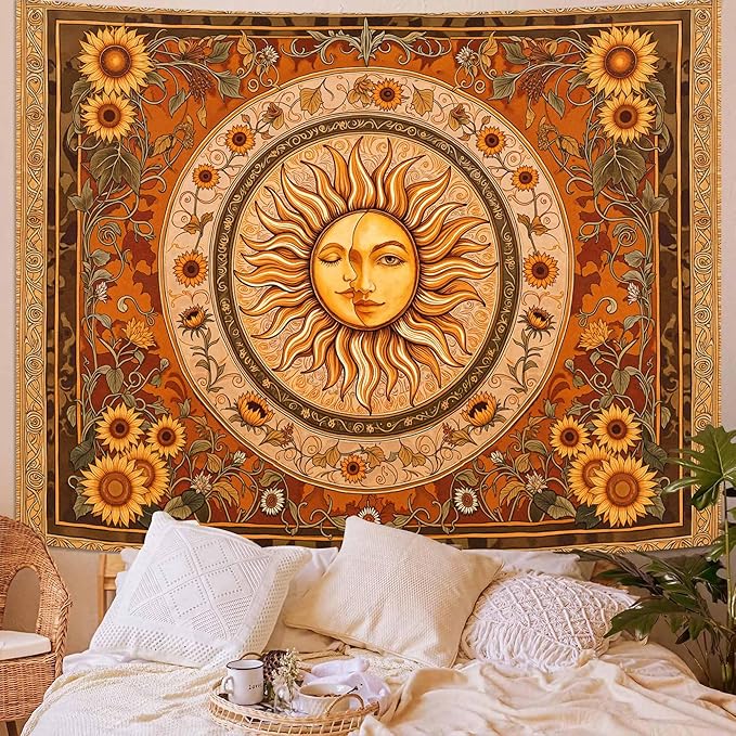 Accnicc Vintage Sun and Moon Tapestry Boho Yellow Orange Indie Wall Tapestry for Bedroom Aesthetic Sunflower Extra Large Hippie Fall Tapestries Wall Hanging for Living Room Dorm 90 x 68 Inch