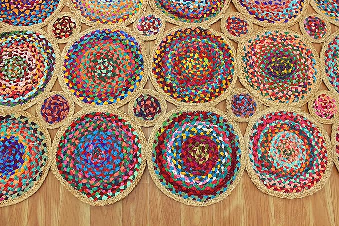 Scalloped Edge Rug, Hand Woven Natural Chindi Cotton and Jute Area Rug, 10x16 Ft Beige & Multicolor Braided Kilim Rugs for Living Room, Kitchen, Entryway, Farmhouse