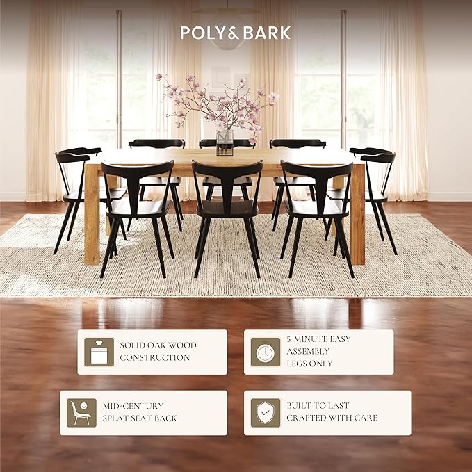 Poly & BARK Mid Century Modern Enzo Black Dining Chair – Solid Oak Wood Splat Back Chair, 18" Seat Height, 32" Tall – Stylish MCM Kitchen & Dining Room Chair - Set of 2